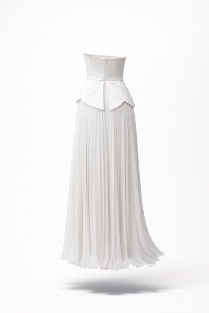 Bone Strapless Pearl Detail Pleated Evening Dress